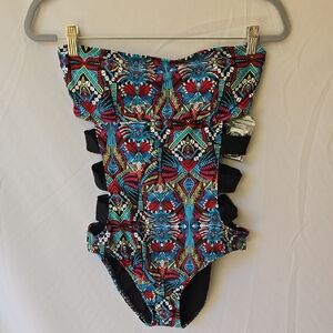 Mossimo women M strapless‎ one piece cutout bathing suit open straps waist Aztec